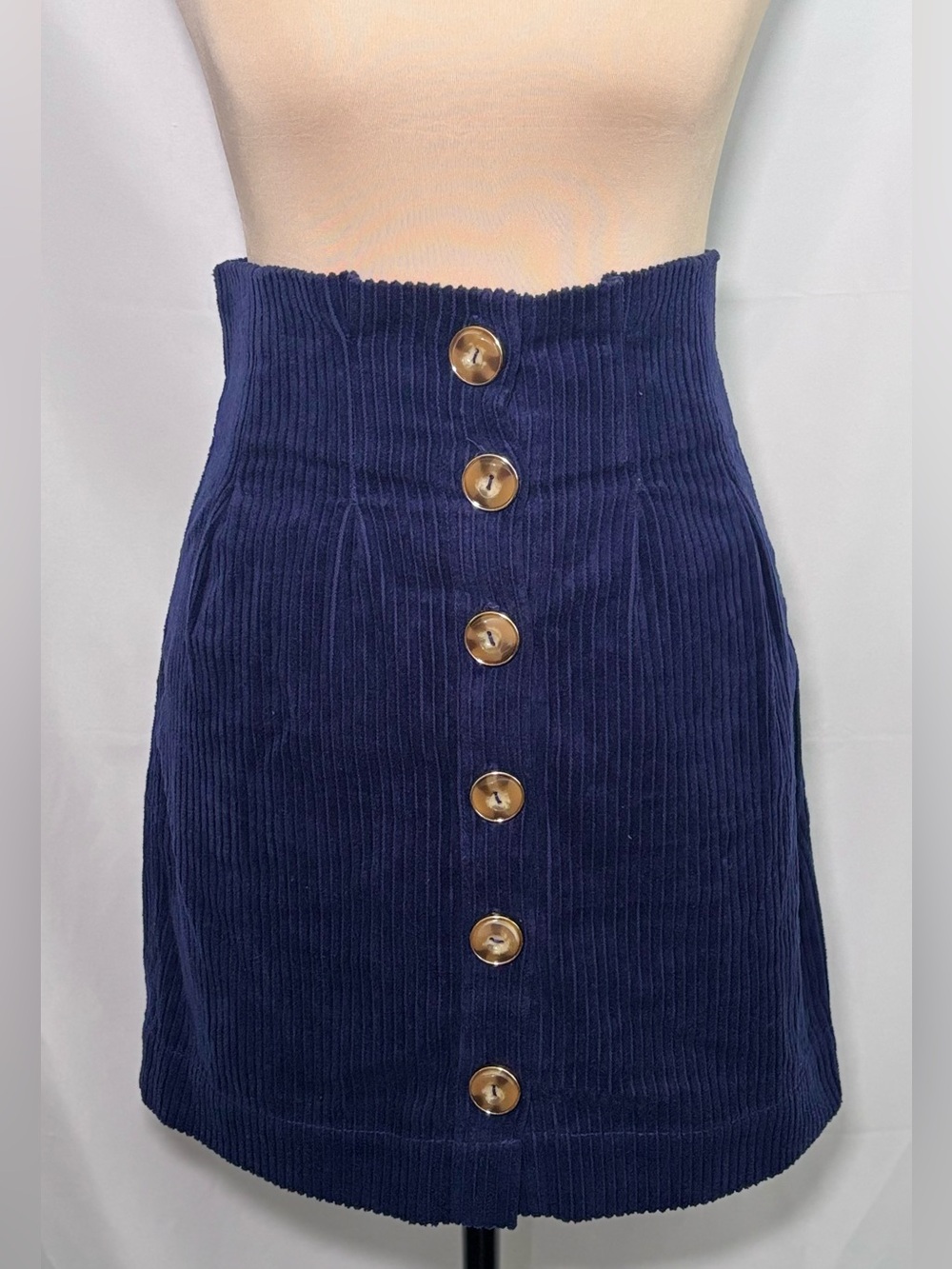 ASOS Navy Blue Corduroy High Waisted Button Front Mini Skirt